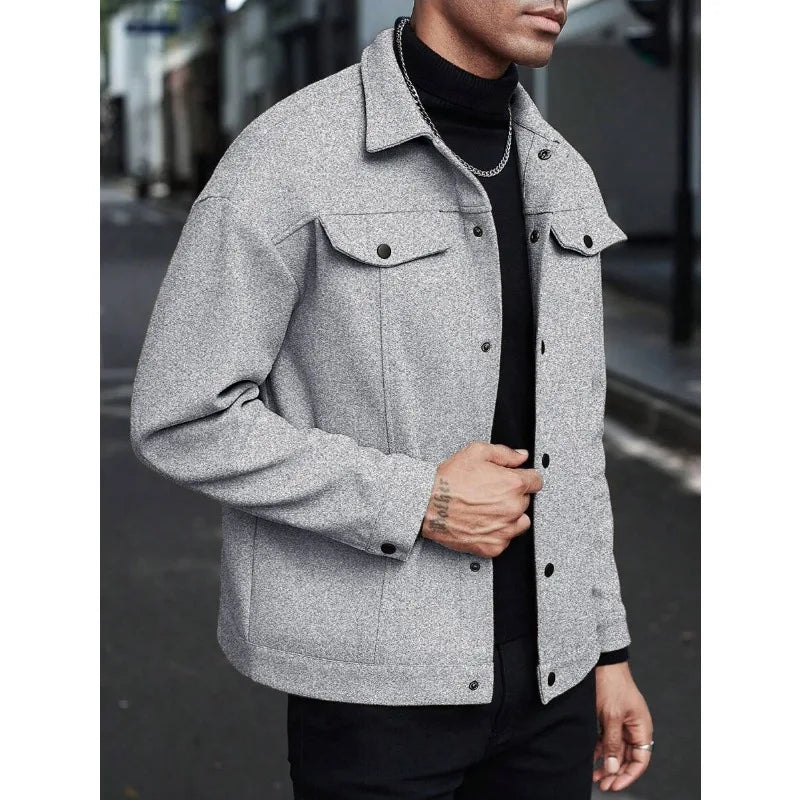 Men's Wool-Blend Jacket – Solid Color, Loose Fit, Lapel Collar, Business-Casual Outerwear for Autumn & Winter