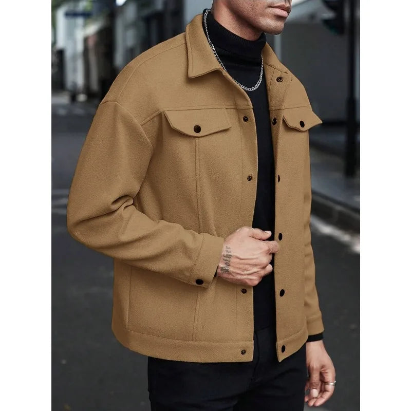 Men's Wool-Blend Jacket – Solid Color, Loose Fit, Lapel Collar, Business-Casual Outerwear for Autumn & Winter