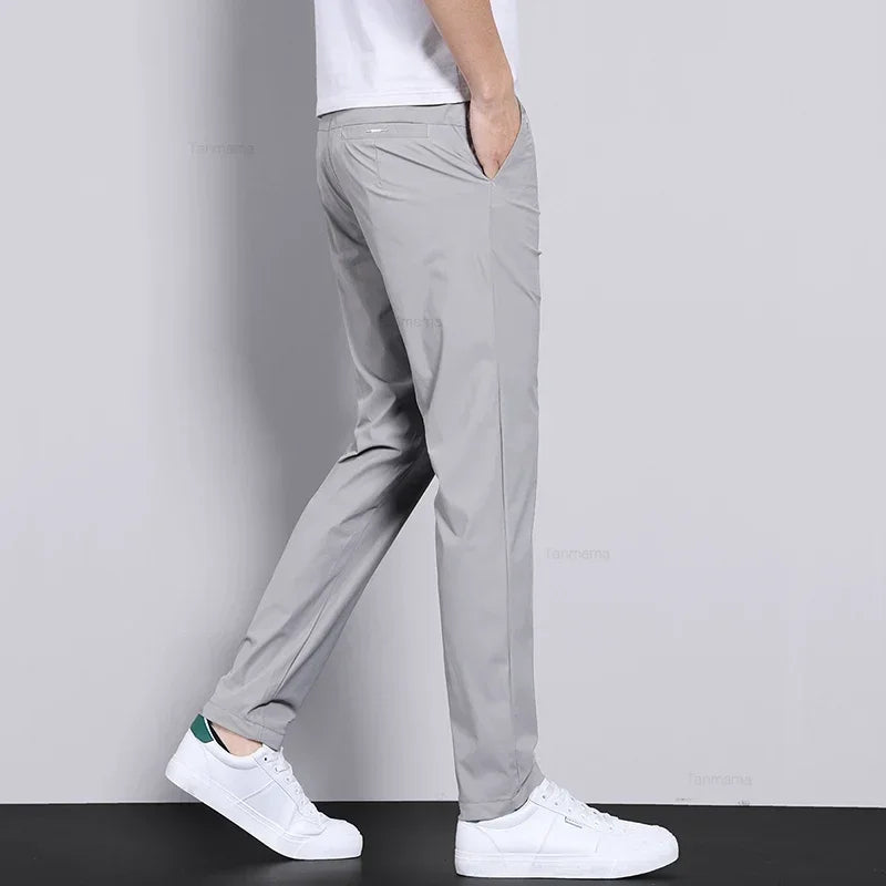 Ultra-thin Elastic Men’s Casual Trousers - Quick-Dry Ice Silk, Slim Straight Fit, Solid Colors (Black, Gray)