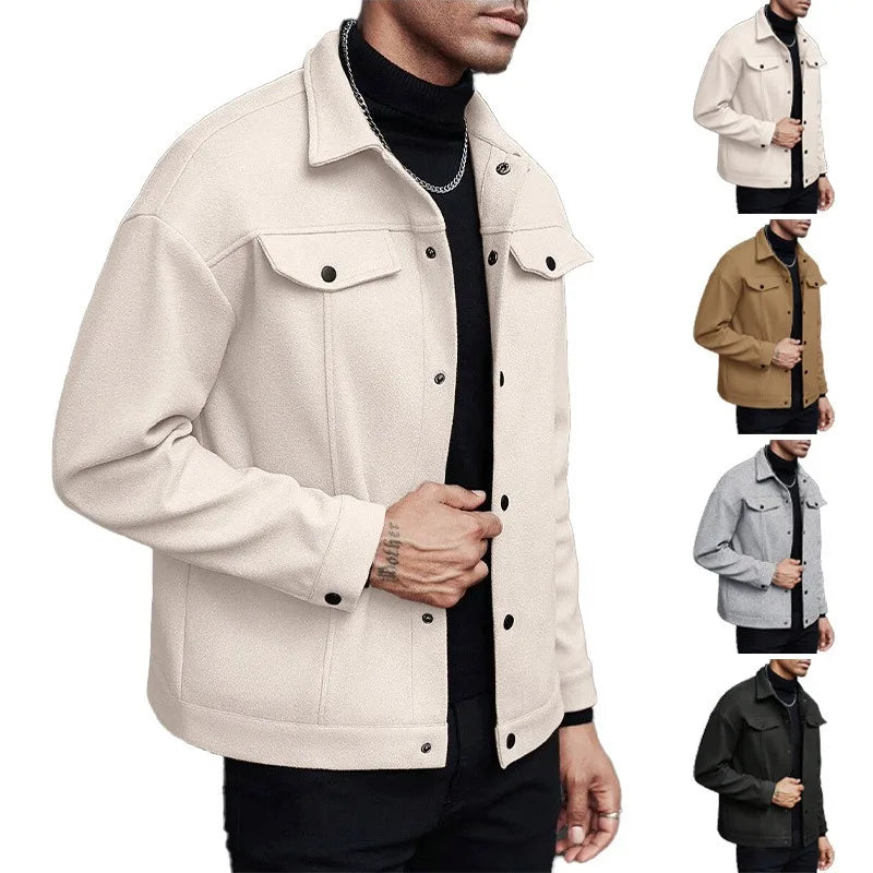 Men's Wool-Blend Jacket – Solid Color, Loose Fit, Lapel Collar, Business-Casual Outerwear for Autumn & Winter