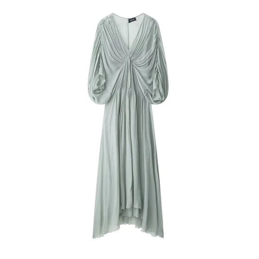 HH Women's Summer Fashion V-Neck Pleated-Detail Midi Dress - Backless, Short-Sleeve, Solid Color, Flirty & Chic