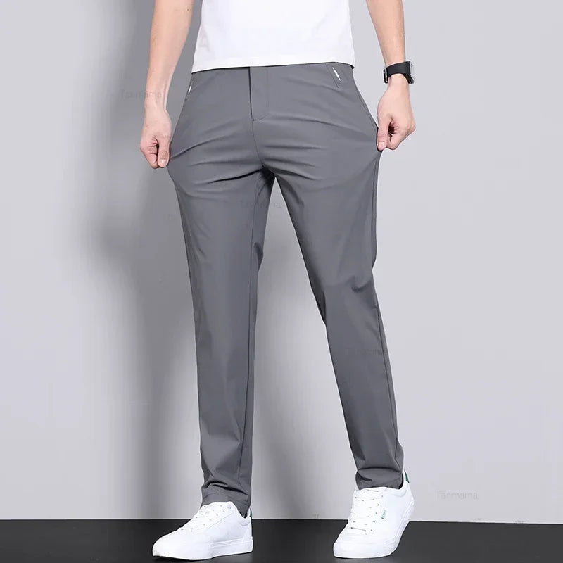 Ultra-thin Elastic Men’s Casual Trousers - Quick-Dry Ice Silk, Slim Straight Fit, Solid Colors (Black, Gray)