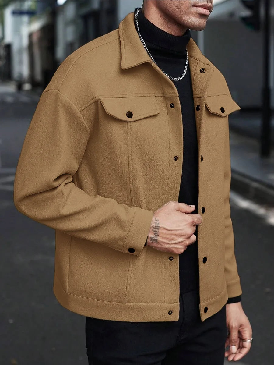 Men's Wool-Blend Jacket – Solid Color, Loose Fit, Lapel Collar, Business-Casual Outerwear for Autumn & Winter