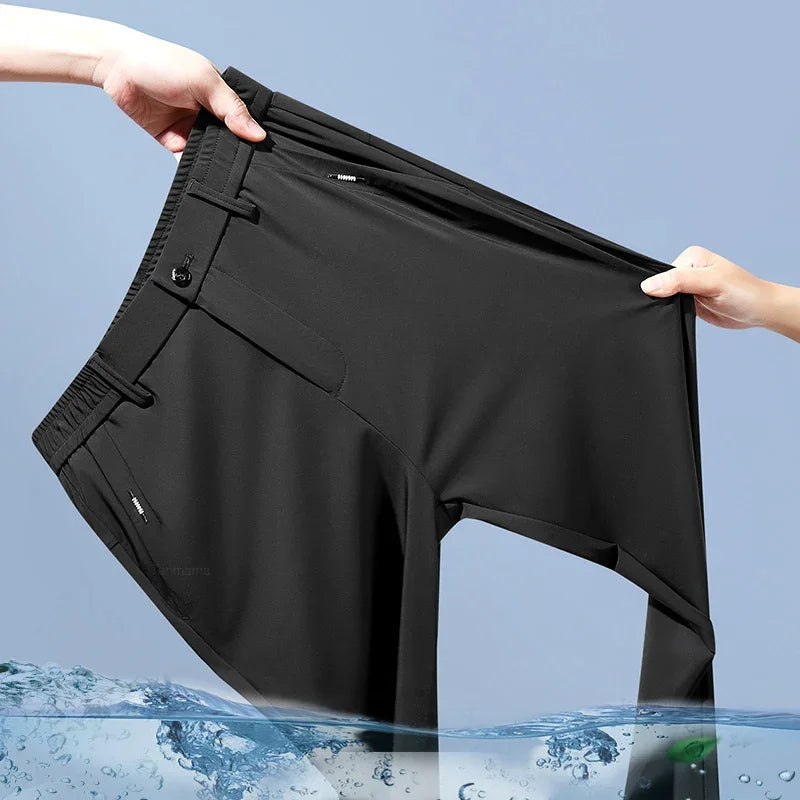 Ultra-thin Elastic Men’s Casual Trousers - Quick-Dry Ice Silk, Slim Straight Fit, Solid Colors (Black, Gray)