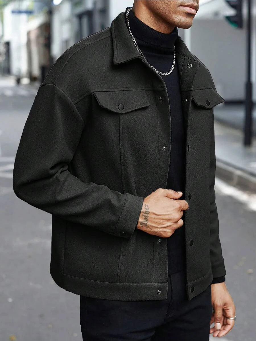 Men's Wool-Blend Jacket – Solid Color, Loose Fit, Lapel Collar, Business-Casual Outerwear for Autumn & Winter