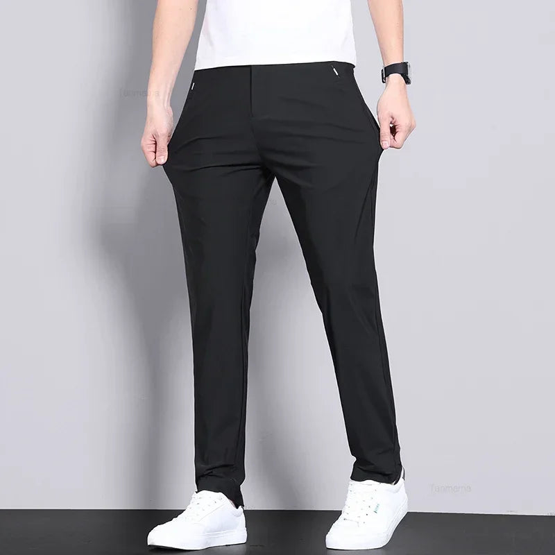 Ultra-thin Elastic Men’s Casual Trousers - Quick-Dry Ice Silk, Slim Straight Fit, Solid Colors (Black, Gray)