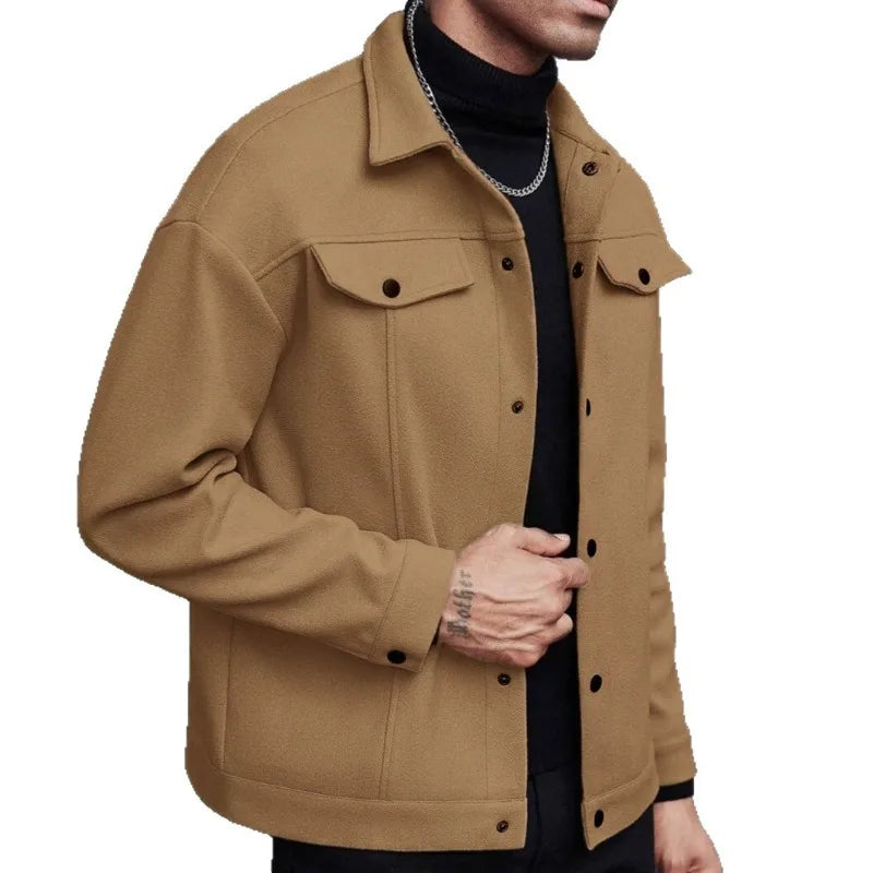 Men's Wool-Blend Jacket – Solid Color, Loose Fit, Lapel Collar, Business-Casual Outerwear for Autumn & Winter