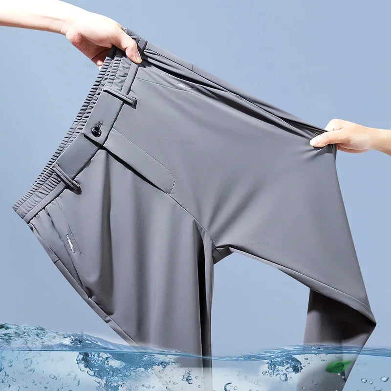 Ultra-thin Elastic Men’s Casual Trousers - Quick-Dry Ice Silk, Slim Straight Fit, Solid Colors (Black, Gray)