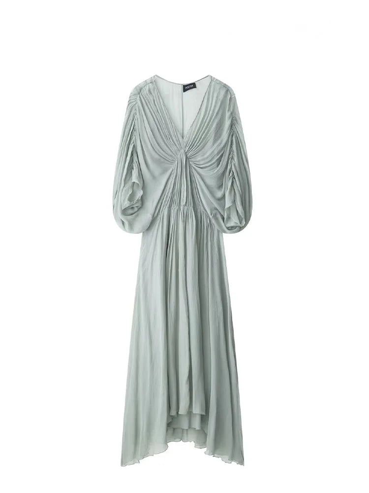 HH Women's Summer Fashion V-Neck Pleated-Detail Midi Dress - Backless, Short-Sleeve, Solid Color, Flirty & Chic