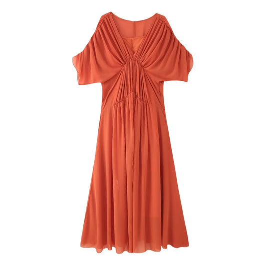 HH Women's Summer Fashion V-Neck Pleated-Detail Midi Dress - Backless, Short-Sleeve, Solid Color, Flirty & Chic