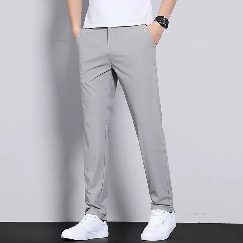 Ultra-thin Elastic Men’s Casual Trousers - Quick-Dry Ice Silk, Slim Straight Fit, Solid Colors (Black, Gray)