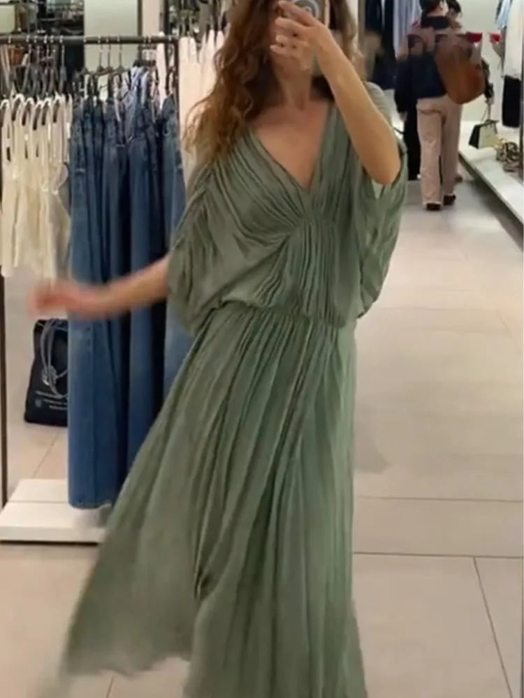 HH Women's Summer Fashion V-Neck Pleated-Detail Midi Dress - Backless, Short-Sleeve, Solid Color, Flirty & Chic