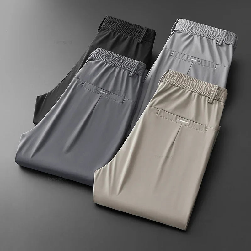 Ultra-thin Elastic Men’s Casual Trousers - Quick-Dry Ice Silk, Slim Straight Fit, Solid Colors (Black, Gray)