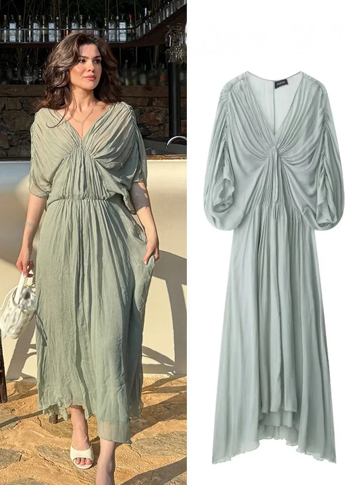 HH Women's Summer Fashion V-Neck Pleated-Detail Midi Dress - Backless, Short-Sleeve, Solid Color, Flirty & Chic