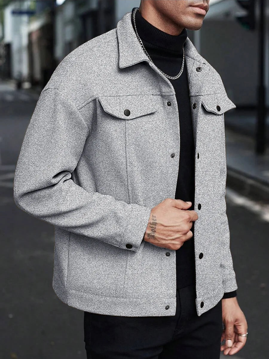 Men's Wool-Blend Jacket – Solid Color, Loose Fit, Lapel Collar, Business-Casual Outerwear for Autumn & Winter