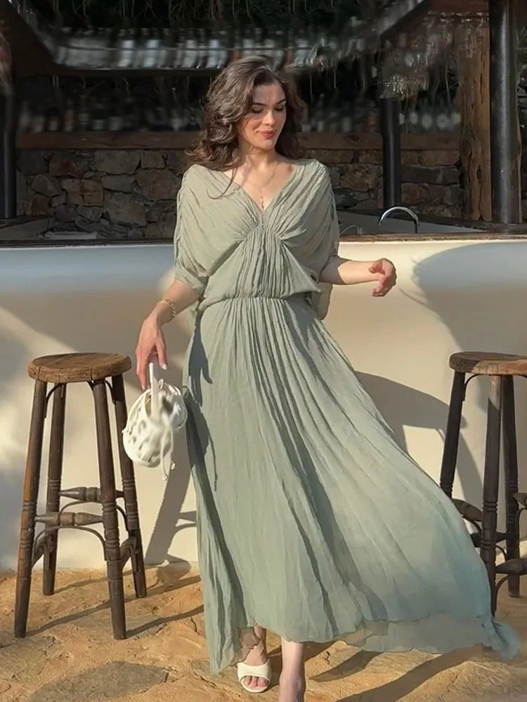 HH Women's Summer Fashion V-Neck Pleated-Detail Midi Dress - Backless, Short-Sleeve, Solid Color, Flirty & Chic