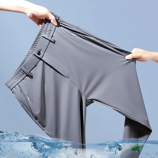 Ultra-thin Elastic Men’s Casual Trousers - Quick-Dry Ice Silk, Slim Straight Fit, Solid Colors (Black, Gray)